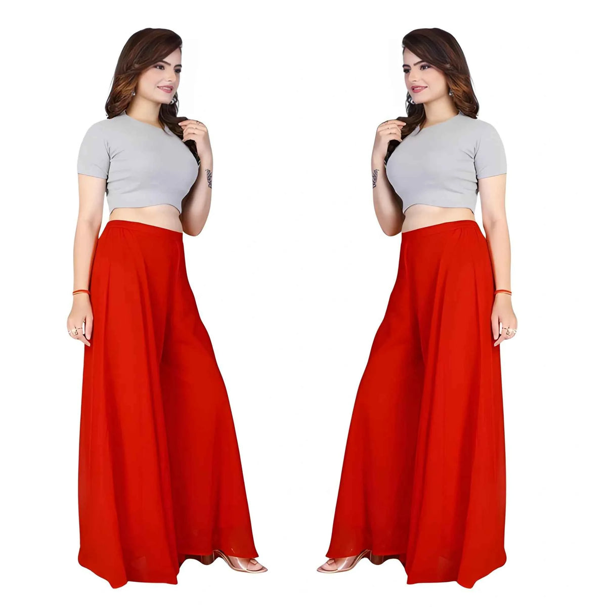 Riyana Georgette Solid High Rise Wide Leg Flared Palazzos with Elastic Waist Pack of 2
