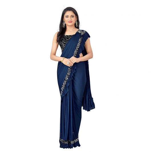 Women's Lycra Solid Saree With Unstitched Blouse (nay Blue, 5.5 Mtr) | Women Signature Collection