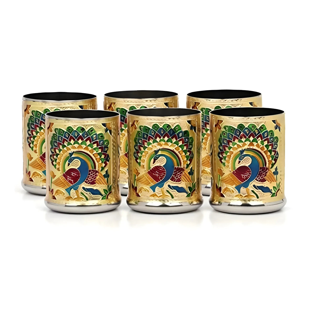 Steel Meenakari Peacock Design Decorative Glass Set (Gold)