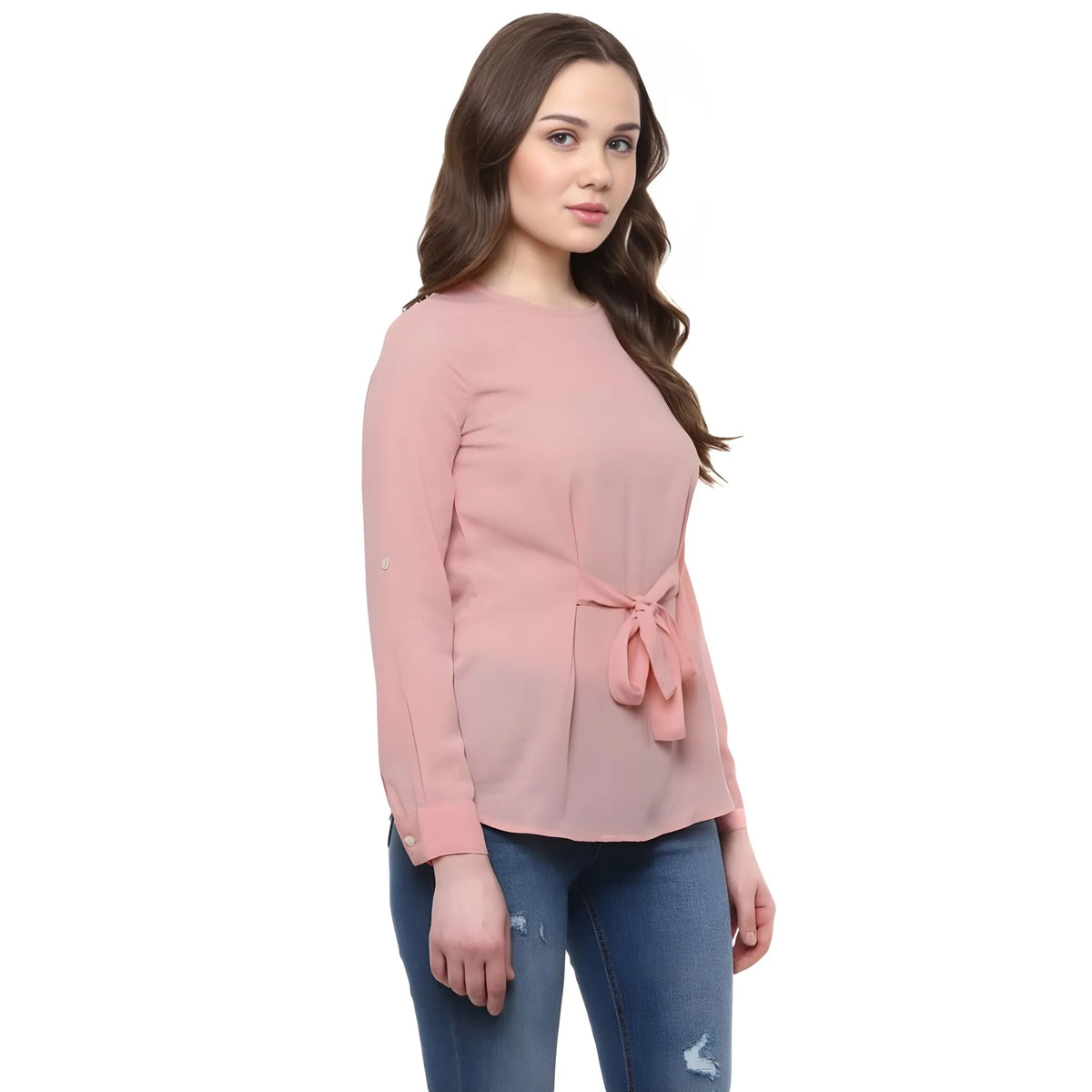 Women's Polyester Solid Long Sleeves Regular Top (Pink)