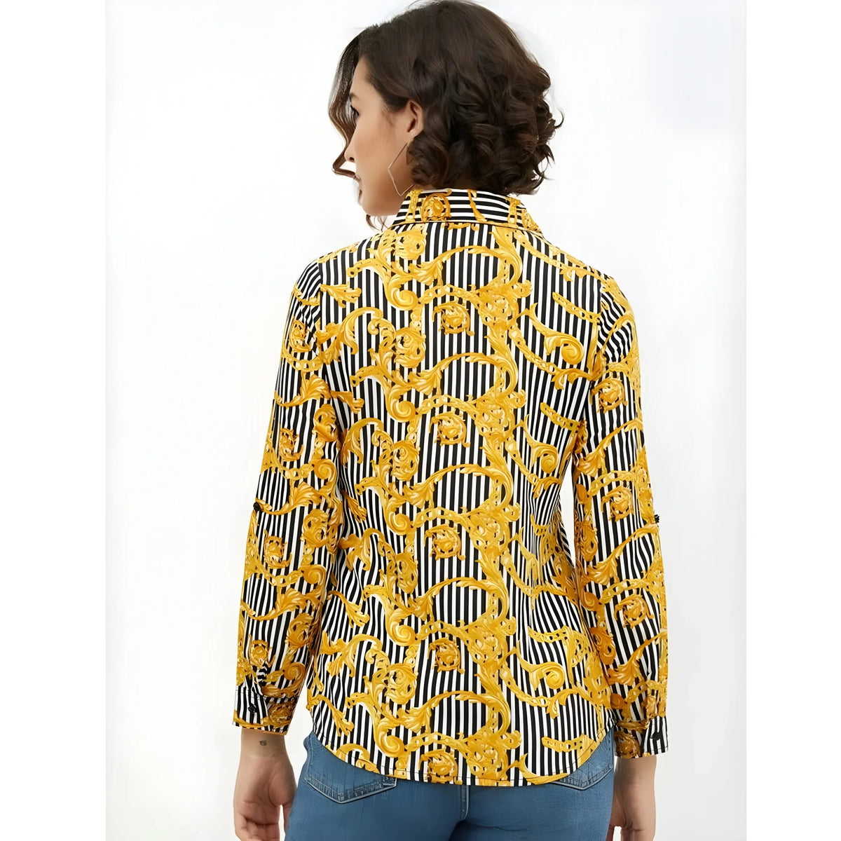 Women's Polyester Printed Roll Up Sleeve Standard Length Shirt (Mustared)