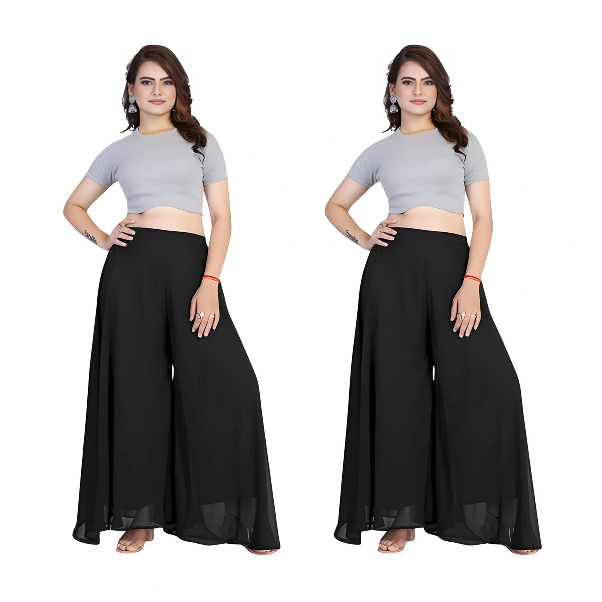 Women's Pack of 2 Georgette Solid High Rise Wide Leg Flared Palazzos with Elastic Waist (Black)