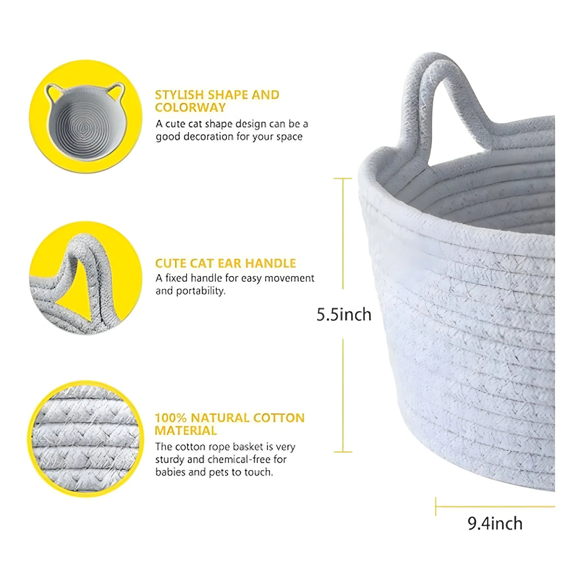 Cotton Pack Of_1 Plain Cat Basket 9x5 Inch (Grey)