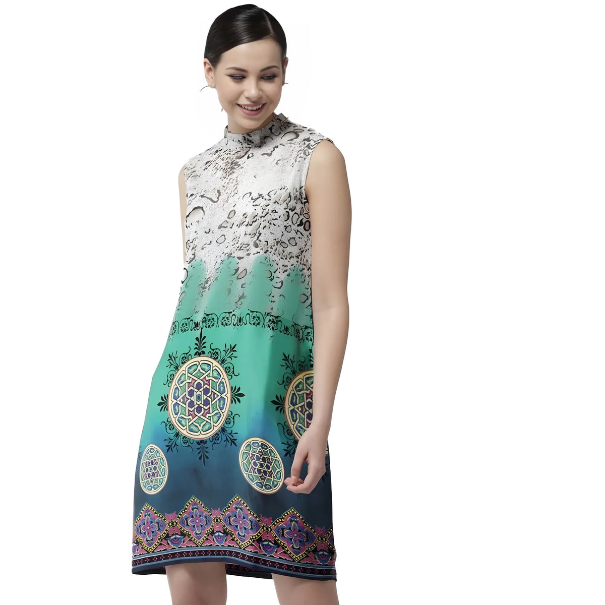 Women's Polyester Printed Sleeveless Above Knee Dress (Multicolor)