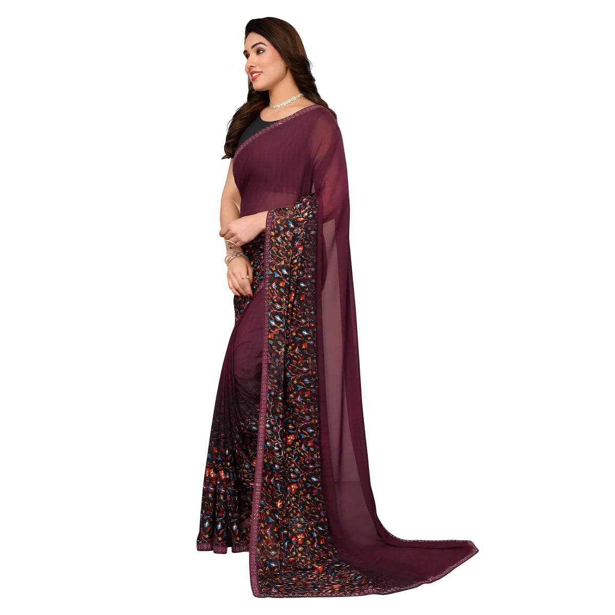 Women's Georgette Printed Saree With Unstitched Blouse 5.5Mtr (Maroon)