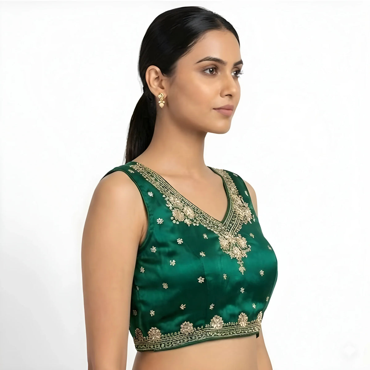 Women's Silk Embroidered V-Neck Sleeveless Readymade Padded Blouse (Green, Size 38)