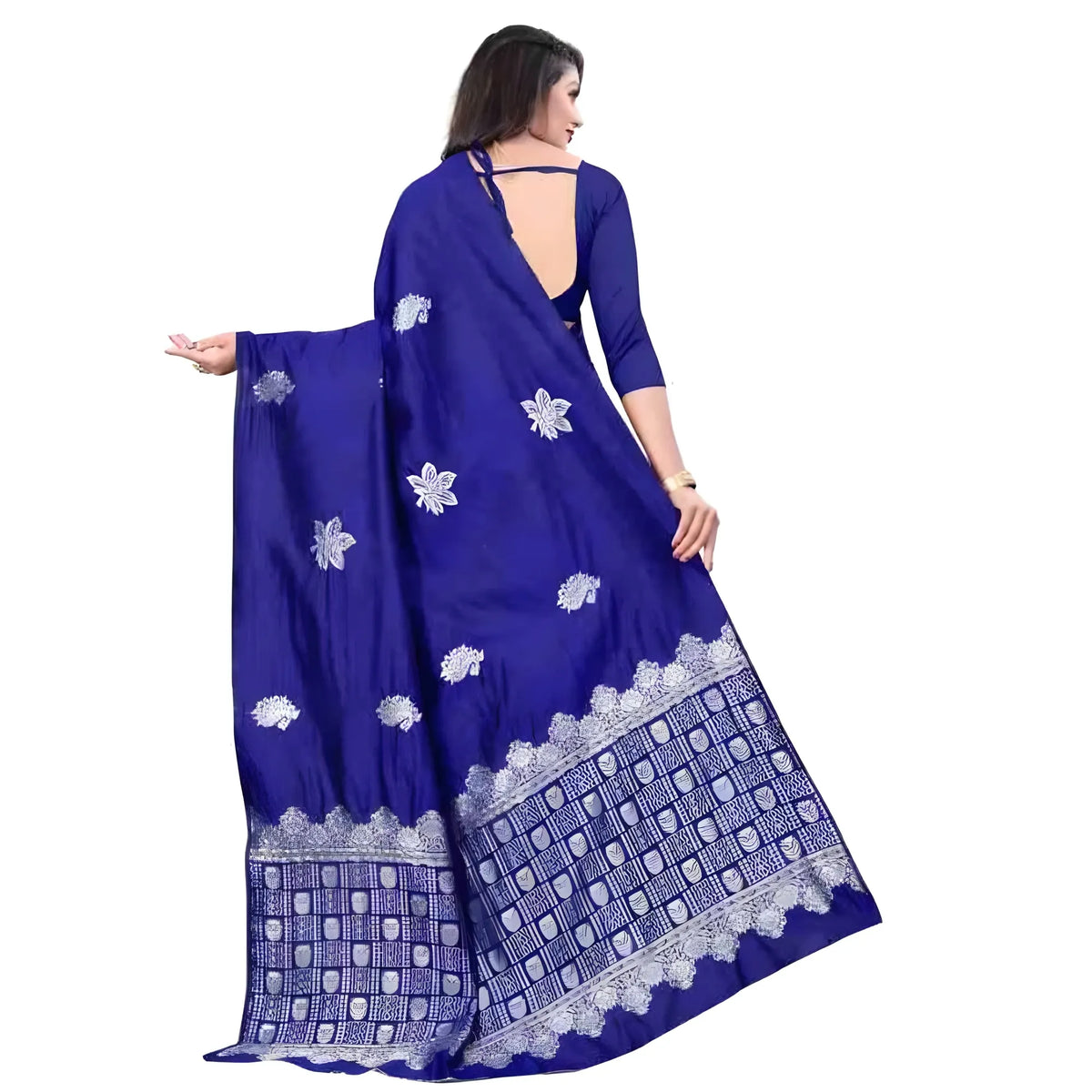 Women's Soft Lichi Silk Printed Saree With Unstitched Blouse 5.5Mtr (Blue)