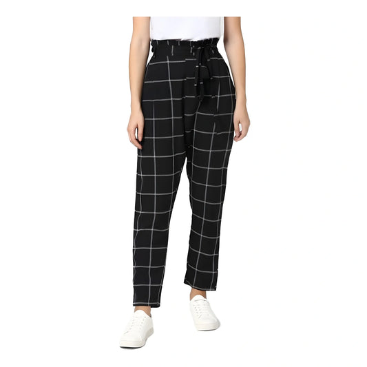 Women's Polyester Checkered Elasticated Trousers (black White) | Women Signature Collection