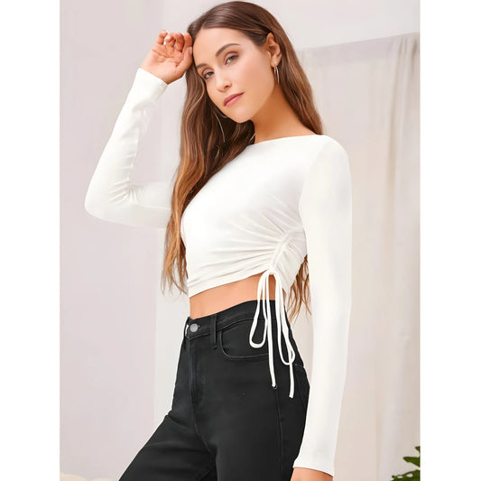 Women's Polyester Solid Round Neck Full Sleeve Top (White)