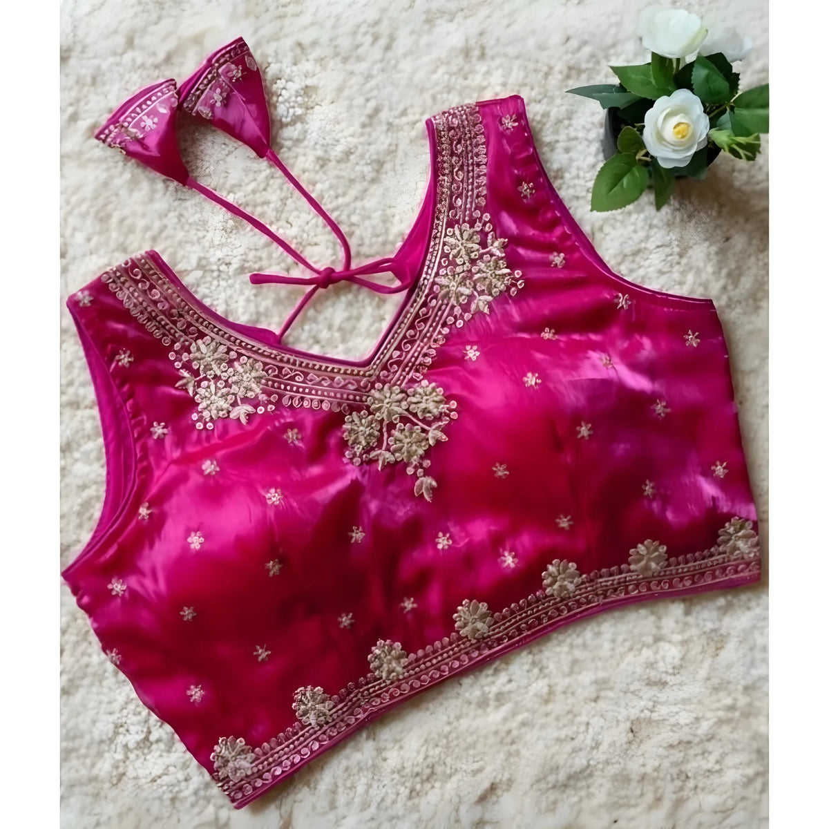 Women's Silk Embroidered V-Neck Sleeveless Readymade Padded Blouse (Pink, Size 38)