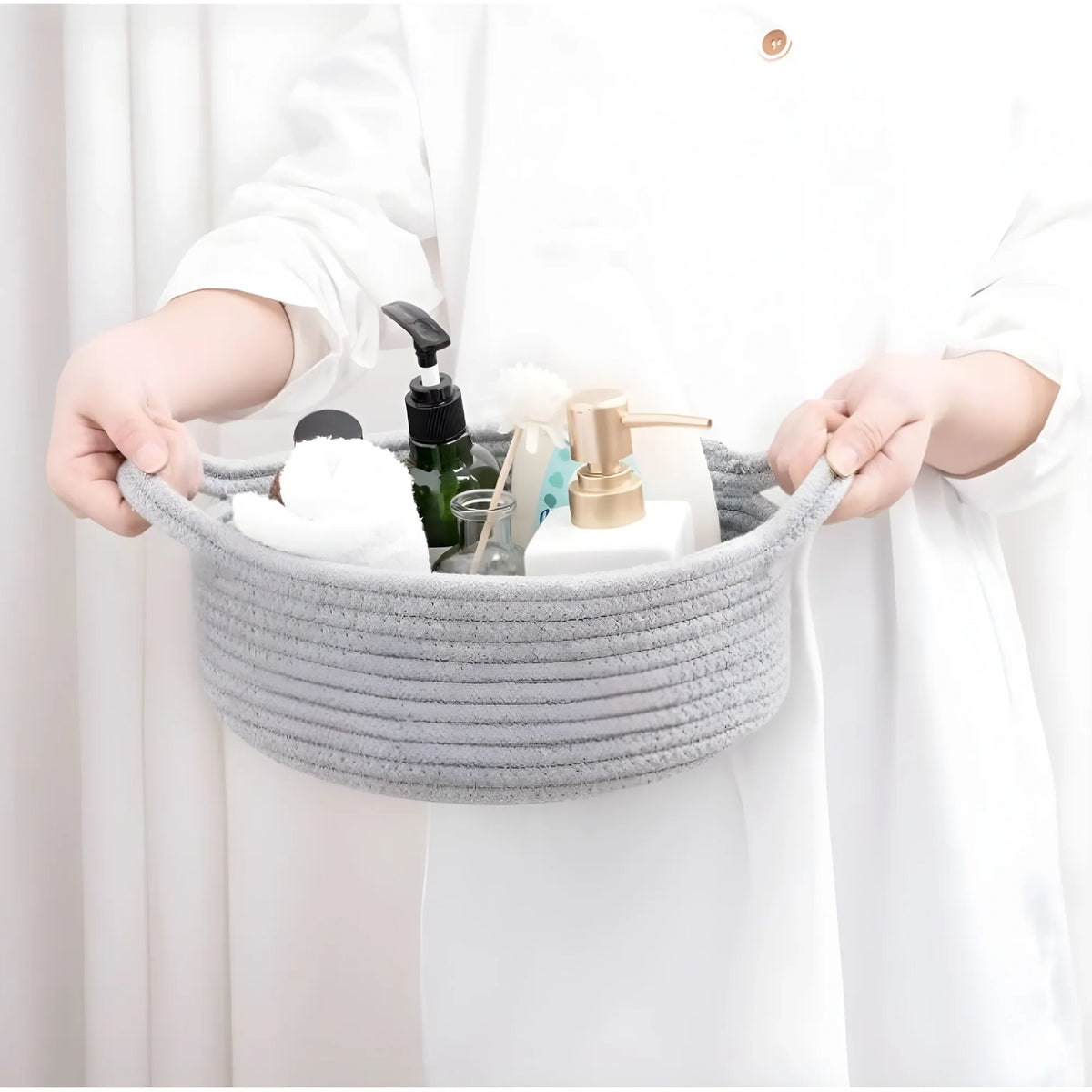 Cotton 8x3 Inch Round Bedside Organizer With Out Lid (Gray)