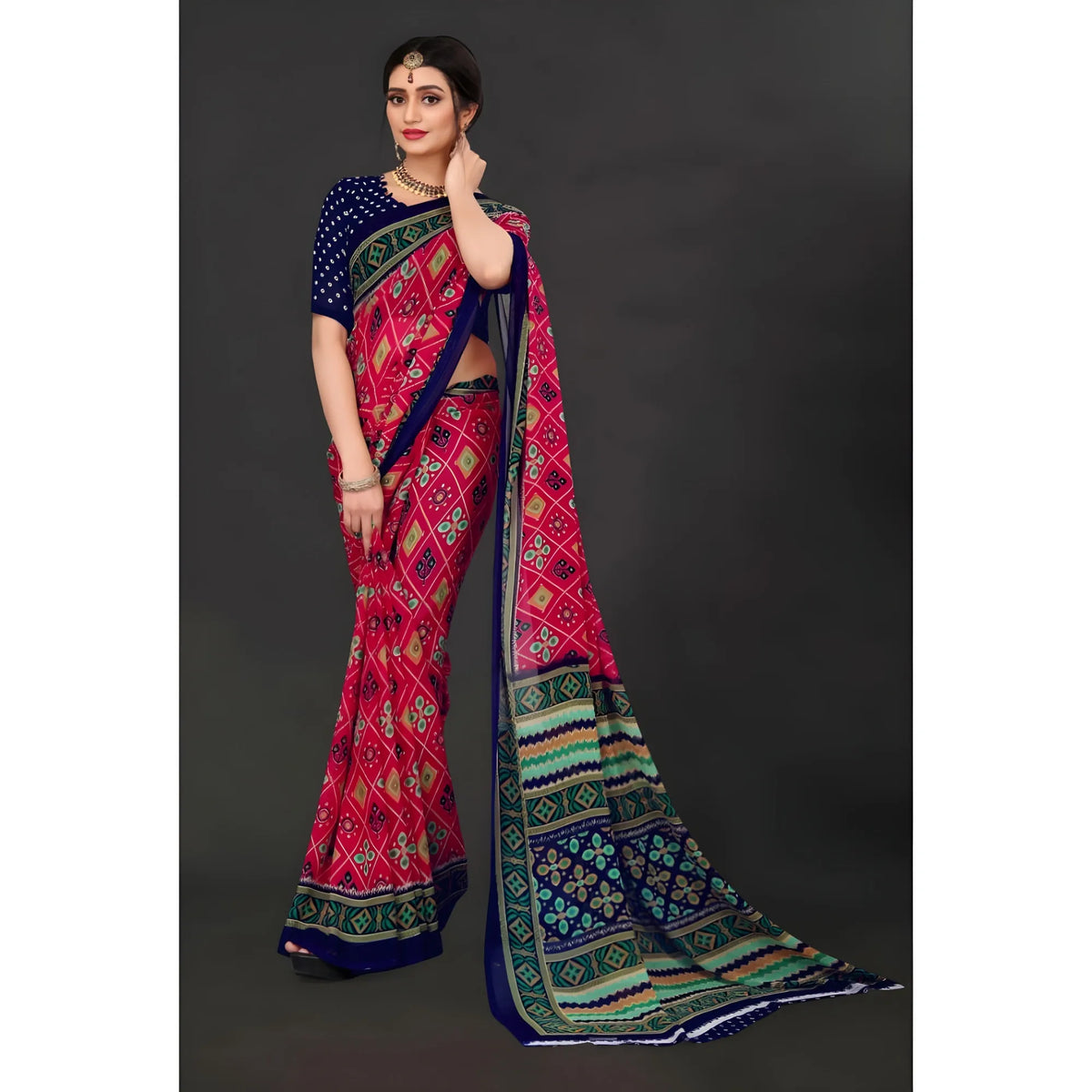 Women's Georgette Floral Print Saree With Unstitched Blouse 5.5Mtr (Pink)
