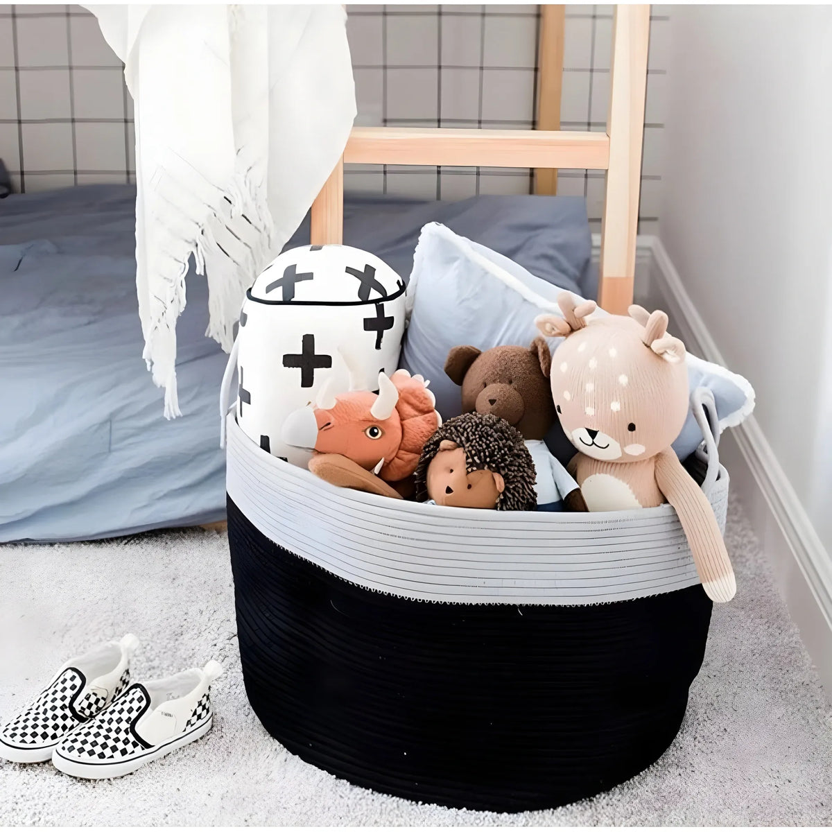 Cotton Pack Of_1 14x12 Inch Laundry Storage Basket For Clothes (Grey-Black)