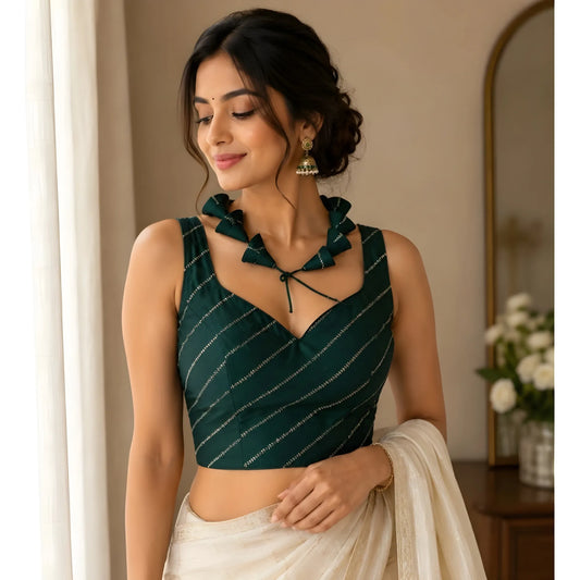 Women's Silk Embellished Sweetheart Neck Sleeveless Readymade Padded Blouse (Green, Size 38)