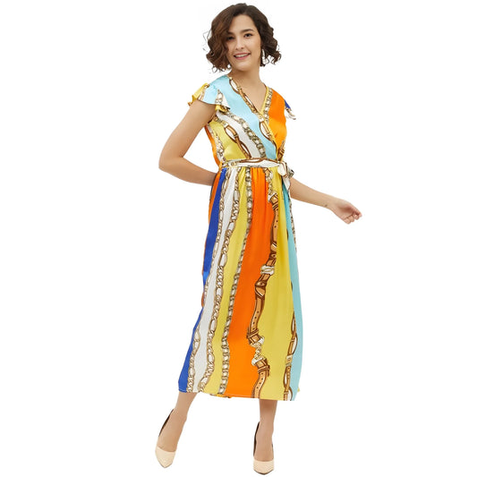 Women's Satin Chain Print Cap Sleeve Calf Length Dress (multicolor) | Women Signature Collection