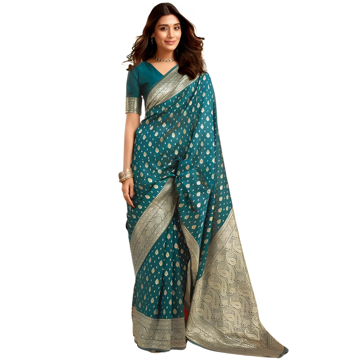 Women's Jacquard Printed Saree With Unstitched Blouse 5.5Mtr (Teal)