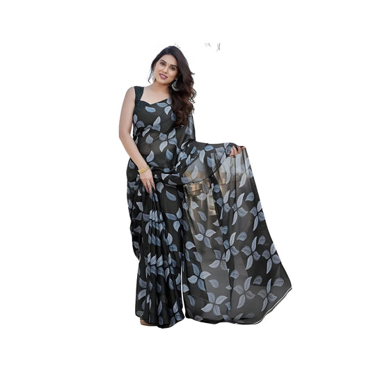 Women's Chiffon Printed Saree With Unstitched Blouse 5.5Mtr  (Black)