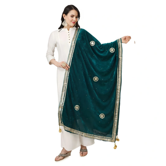 Women's Velvet Gotta Patti Dupatta (Dark Green, Length:  2.25 to 2.50 Mtr)