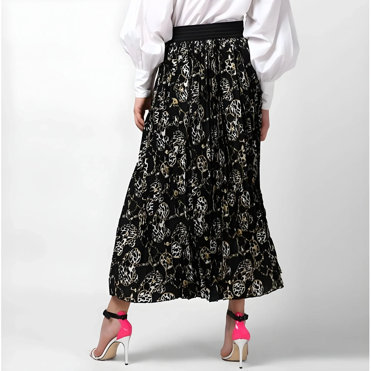 Women's Georgette Chain Print Elasticated Skirt (black Cream) | Women Signature Collection