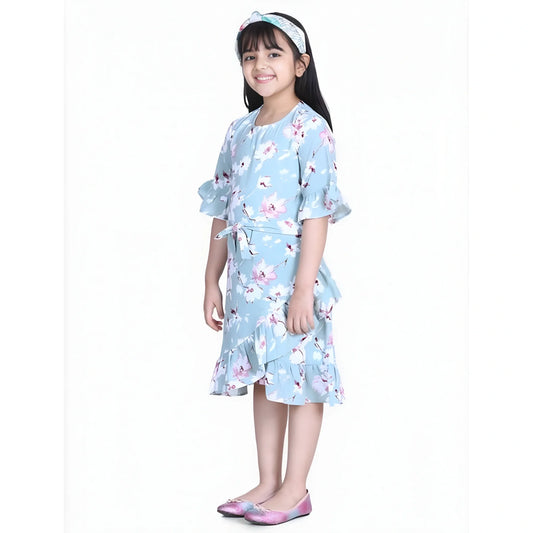 Girl's Polyester Crepe Floral Bell Sleeve Dress (turquoise Blue) | Kids Signature Collection