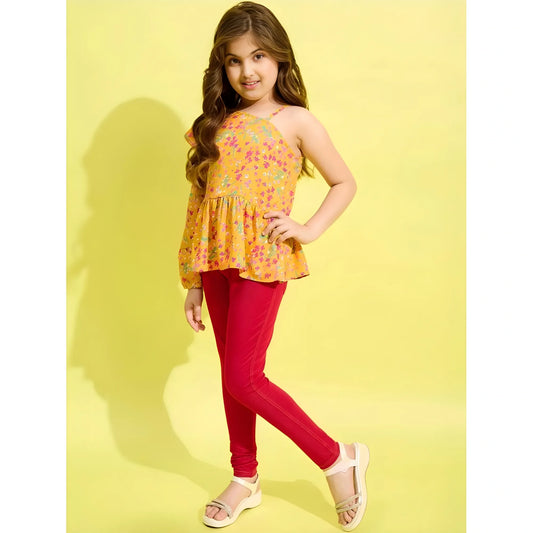 Girl's Polyester Floral One Shoulder Jeggings Set (yellow Red) | Kids Signature Collection