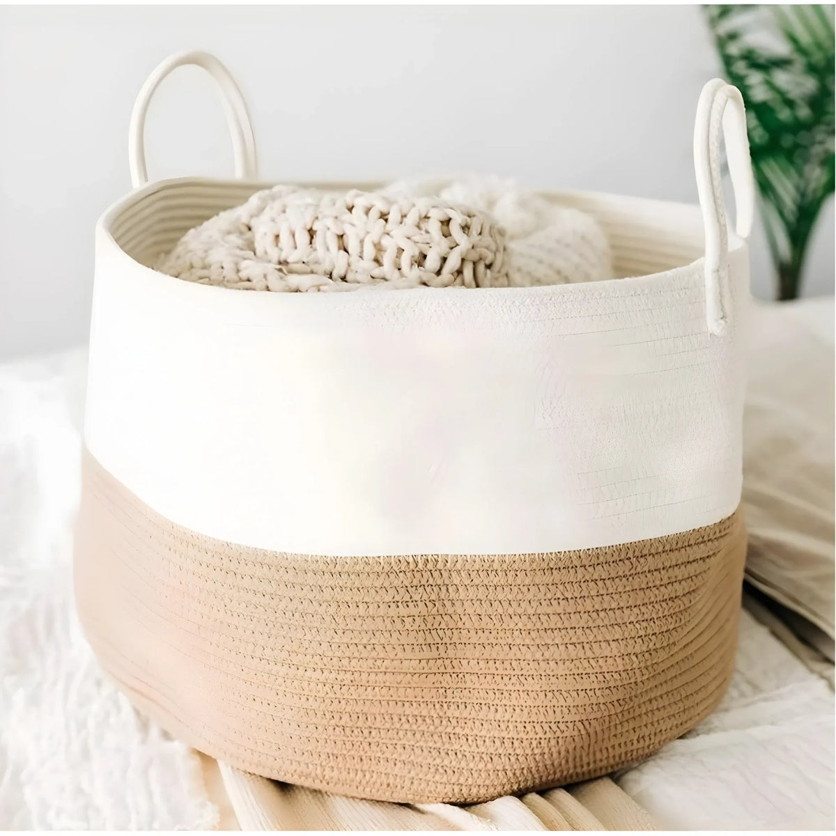 Cotton Pack Of_1 12x14 Inch Laundry Storage Basket For Clothes (Beige-White)