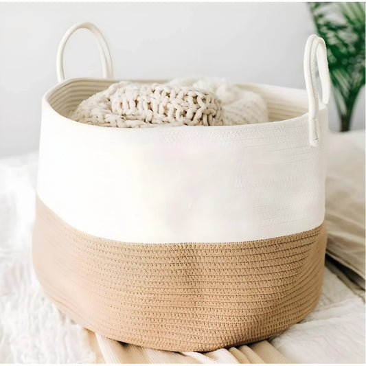 Cotton Pack Of_1 12x14 Inch Laundry Storage Basket For Clothes (Beige-White)