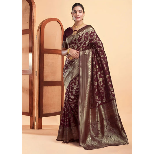 Women's Jacquard Printed Saree With Unstitched Blouse 5.5Mtr (Maroon)
