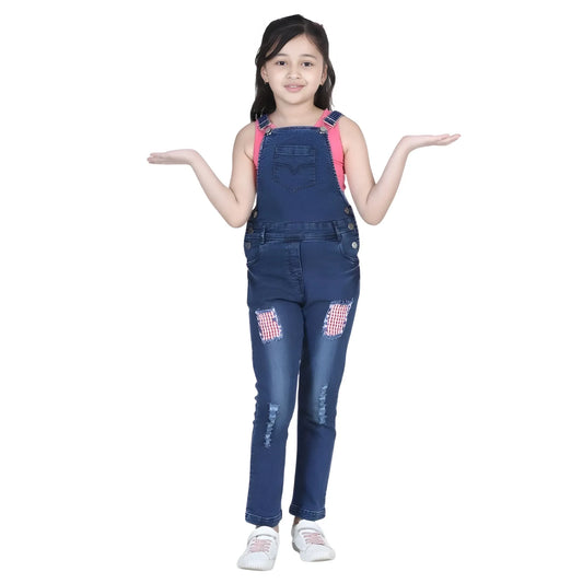Girl's Denim Patch Work Buttoned Dungaree (blue) | Kids Signature Collection