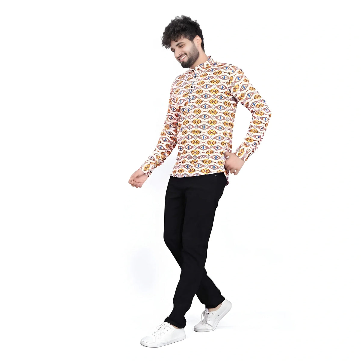 Men's Cotton Blended Printed Full Sleeve Shortkurta (Multicolor)