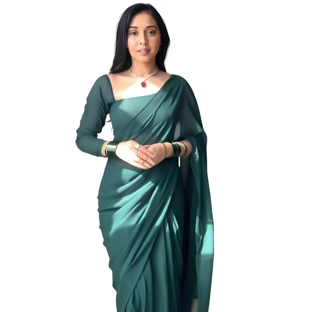 Women's Georgette Solid Saree With Unstitched Blouse 5.5Mtr (Dark Green)
