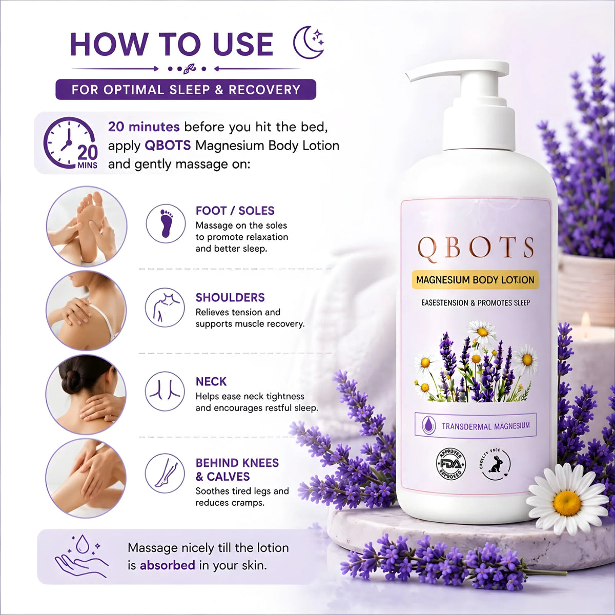 QBOTS Magnesium Body Lotion for Nightly Sleep Muscle Recovery with Lavender &amp; Chamomile | Transdermal Magnesium | Shea Butter &amp; Niacinamide | For Nightly Relaxation &amp; Skin Hydration | 250 ml