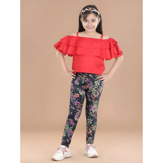 Girl's Cotton Lycra Floral Elasticated Jeggings (Multicolor)