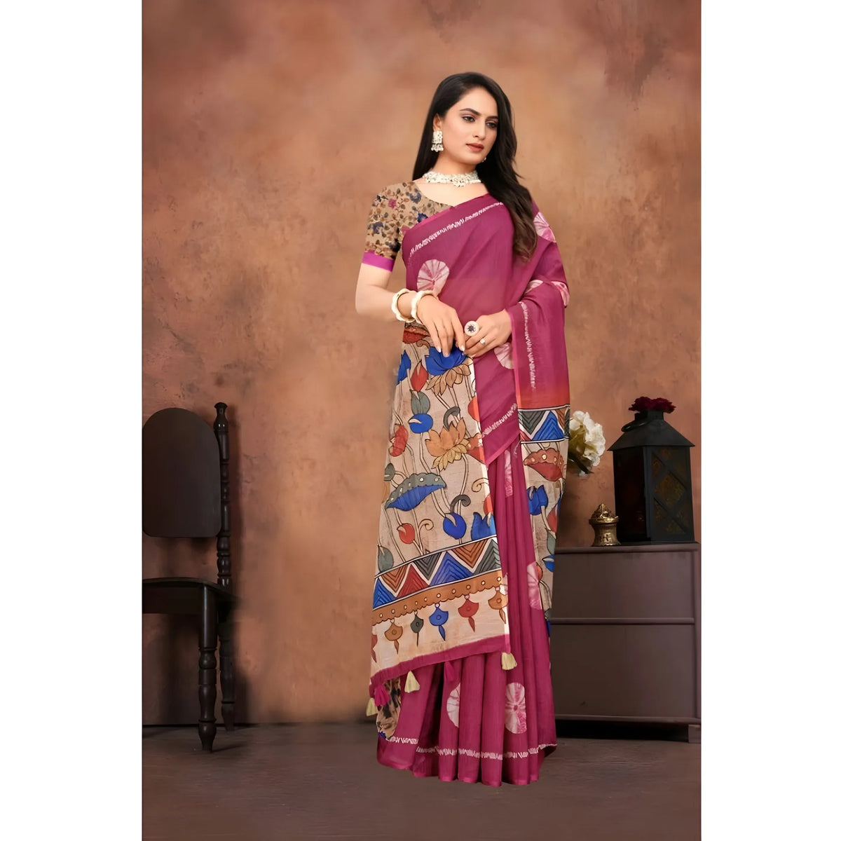 Women's Linen Printed Saree With Unstitched Blouse 5.5Mtr (Purple)