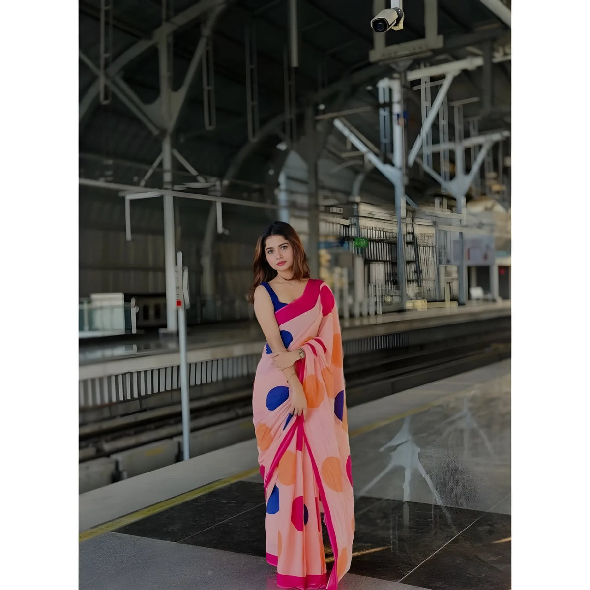 Women's Linen Printed Saree With Unstitched Blouse 5.5Mtr  (Orange)