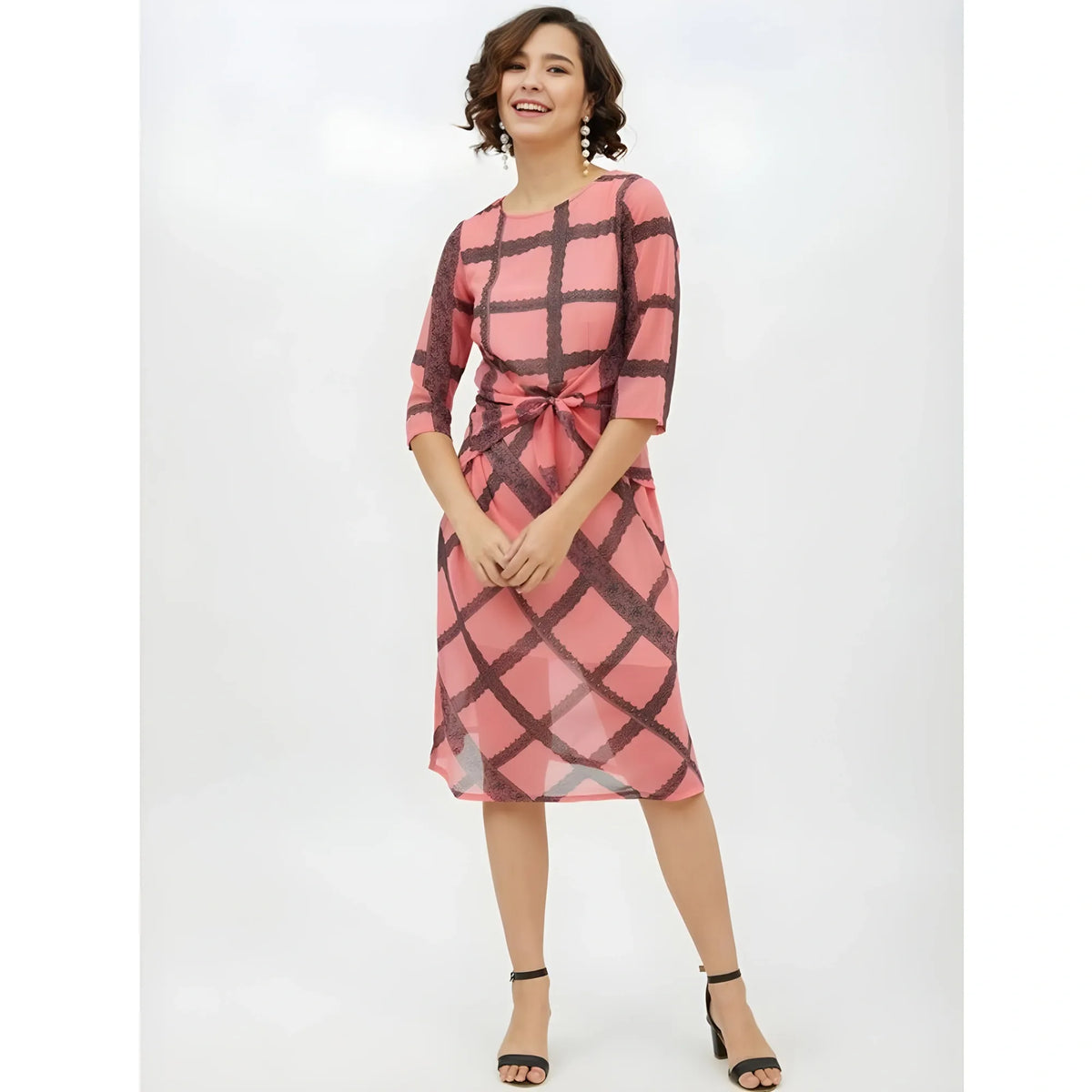 Women's Polyester Checkered 3 4th Sleeves Below Knee Dress (pink) | Women Signature Collection
