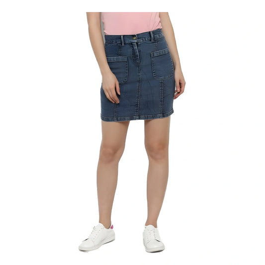Women's Denim Front Pocket Buttoned Skirt (blue) | Women Signature Collection