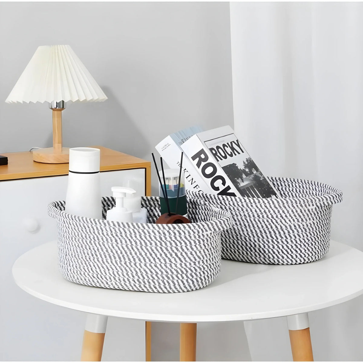 Cotton 10x7x4 Inch 2 Pcs Oval Storage Basket For Clothes (Grey)