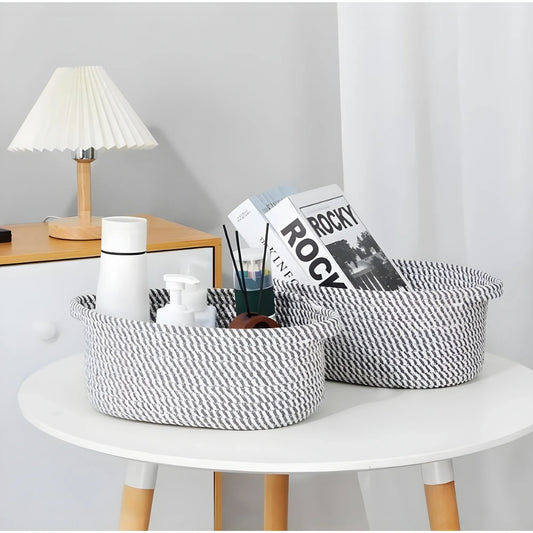 Cotton 10x7x4 Inch 2 Pcs Oval Storage Basket For Clothes (Grey)