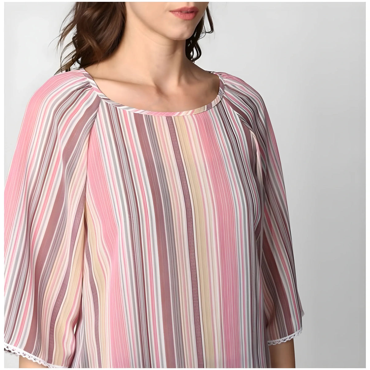 Women's Polyester Striped 3-4th Sleeves Top (Pink)