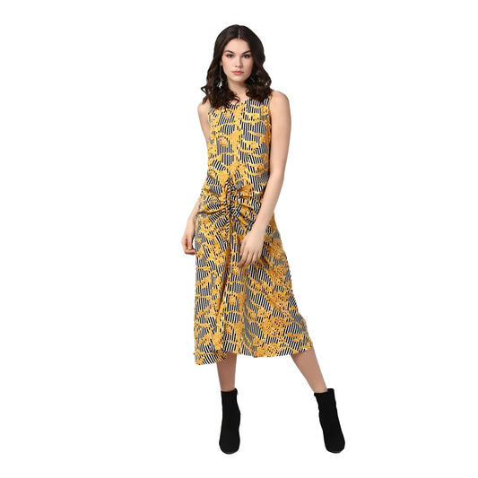 Women's Polyester Chain Print Sleeveless Below Knee Dress (yellow Black) | Women Signature Collection