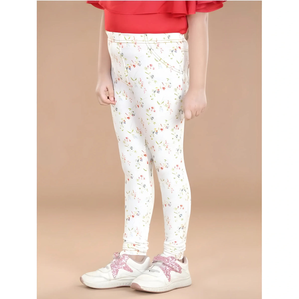 Girl's Cotton Lycra Floral Elasticated Jeggings (White-Green)