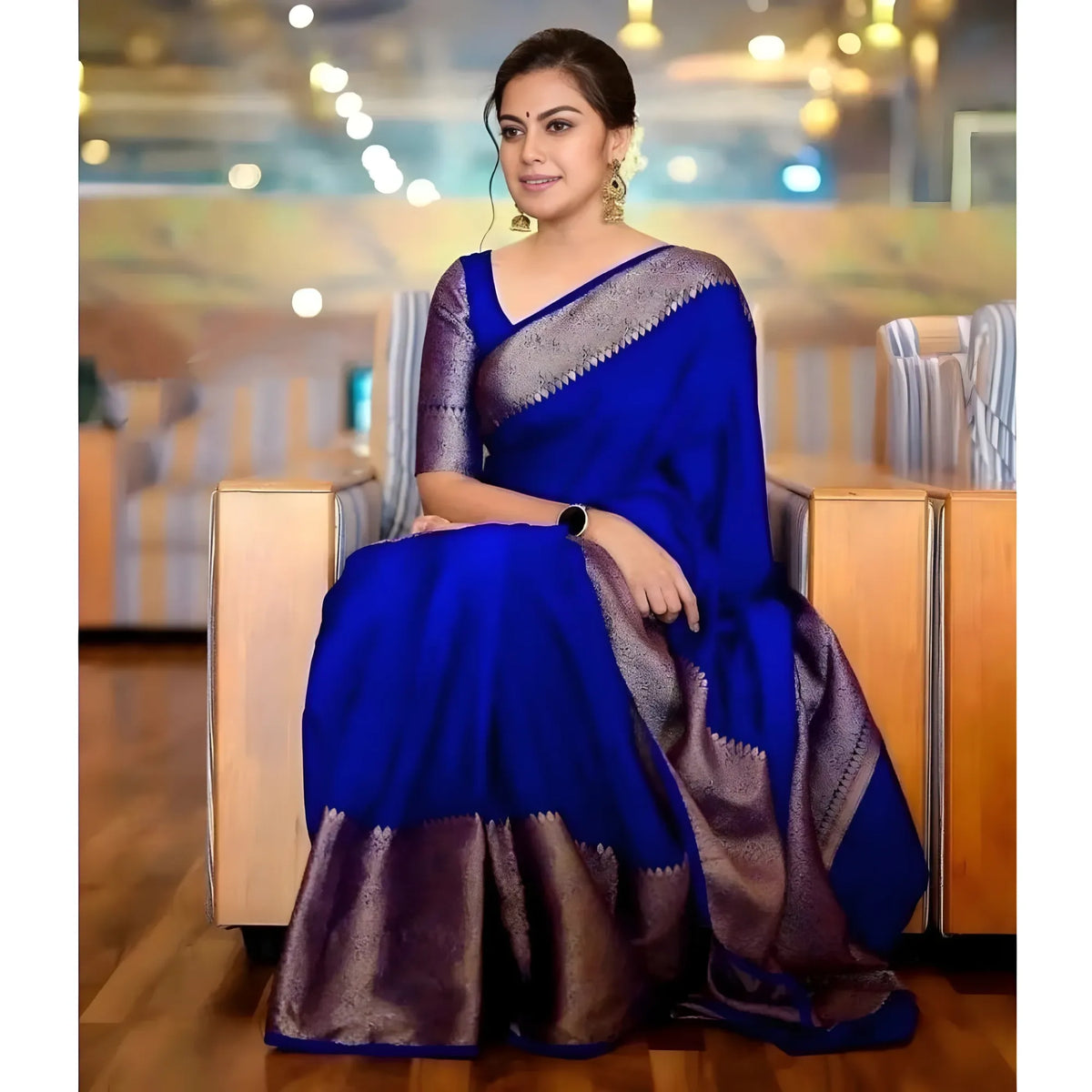 Women's Soft Lichi Silk Solid Saree With Unstitched Blouse 5.5Mtr (Blue)