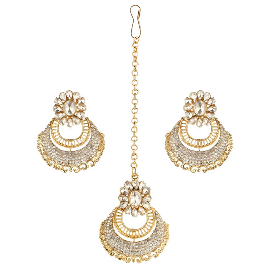Women's Rose Gold Plated Alloy Kundan Earrings &amp; Mangtikka (White)