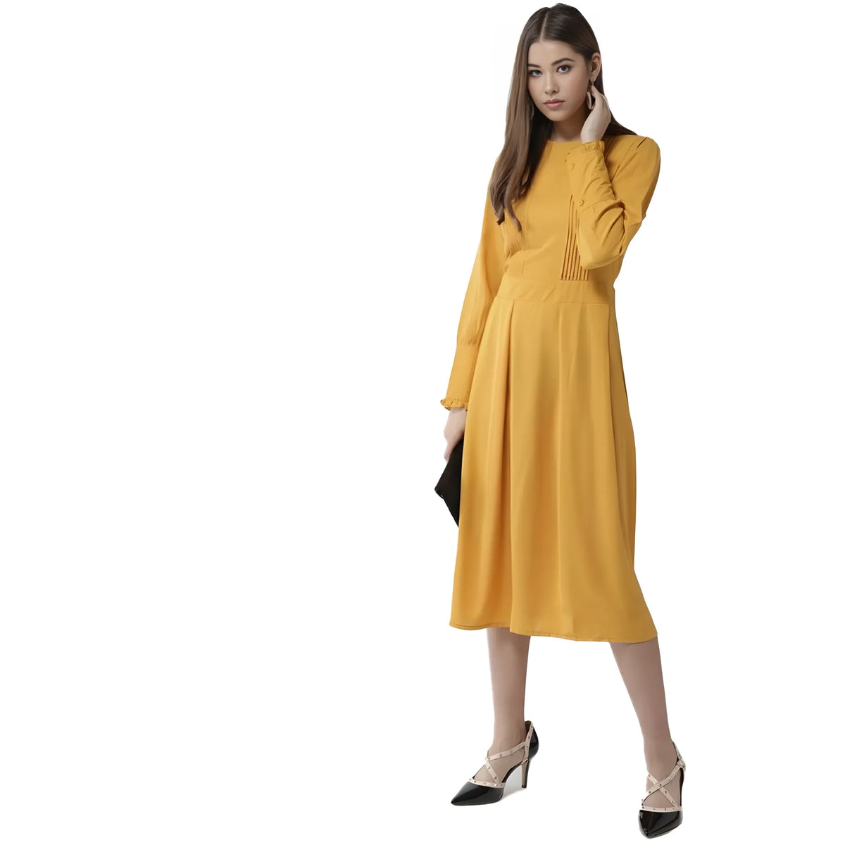 Women's Polyester Pintuck Long Sleeves Below Knee Dress (yellow) | Women Signature Collection