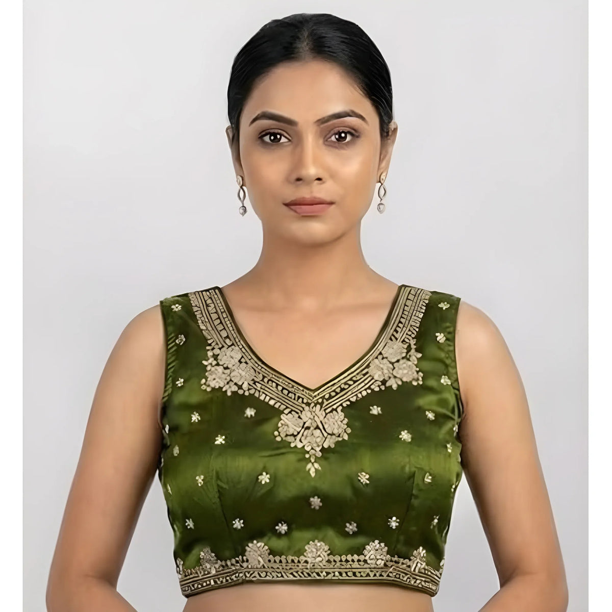 Women's Silk Embroidered V-Neck Sleeveless Readymade Padded Blouse (Mahendi, Size 38)