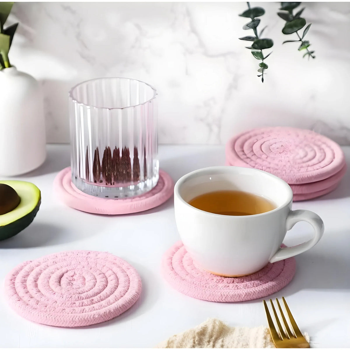 Cotton Rope Drink Coasters 6 Pcs Set (Baby-Pink)