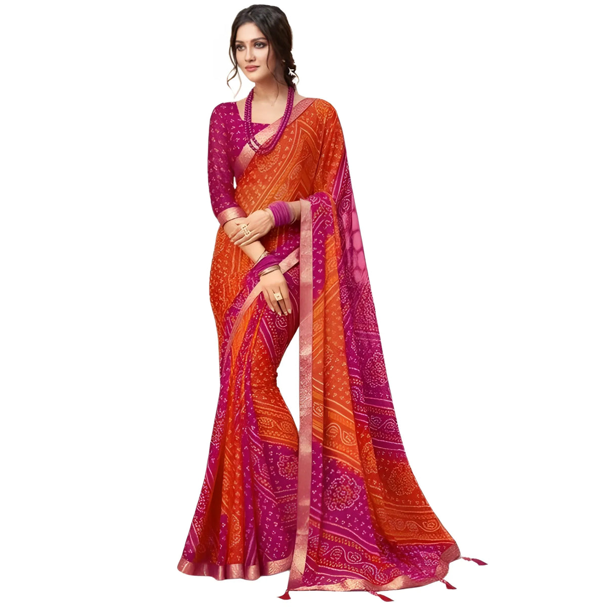 Women's Georgette Bandhani Printed Saree With Unstitched Blouse 5.5Mtr (Orange-Magenta)