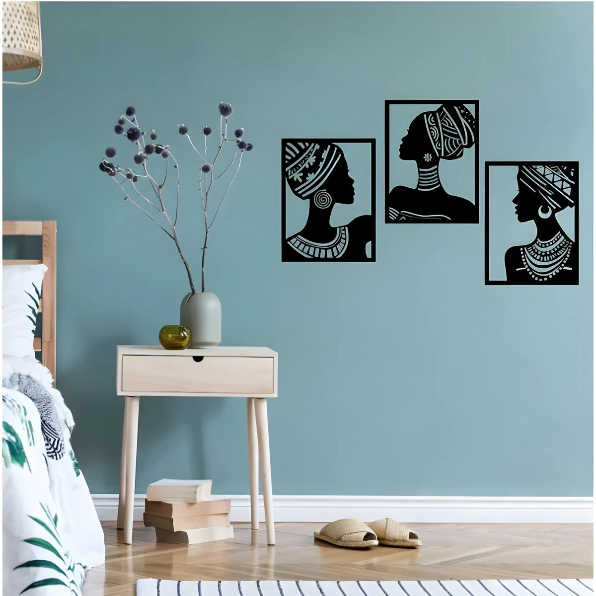 African Elegance Wooden Wall Decor – Set of 3 Panels (Black)
