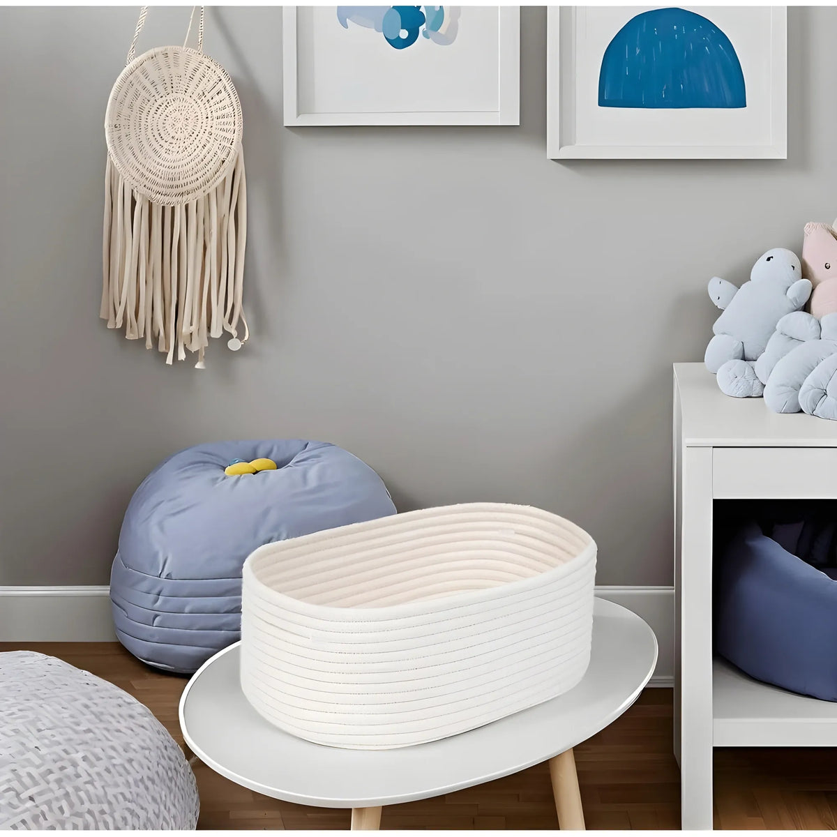 Cotton Oval 10x7x5 Inch Bedside Organizer With Out Lid (White)
